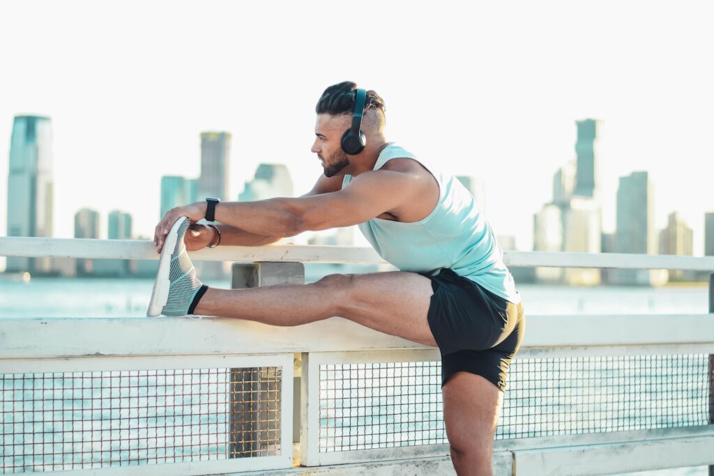 Stretching before a run at Chelsea piers in New York.