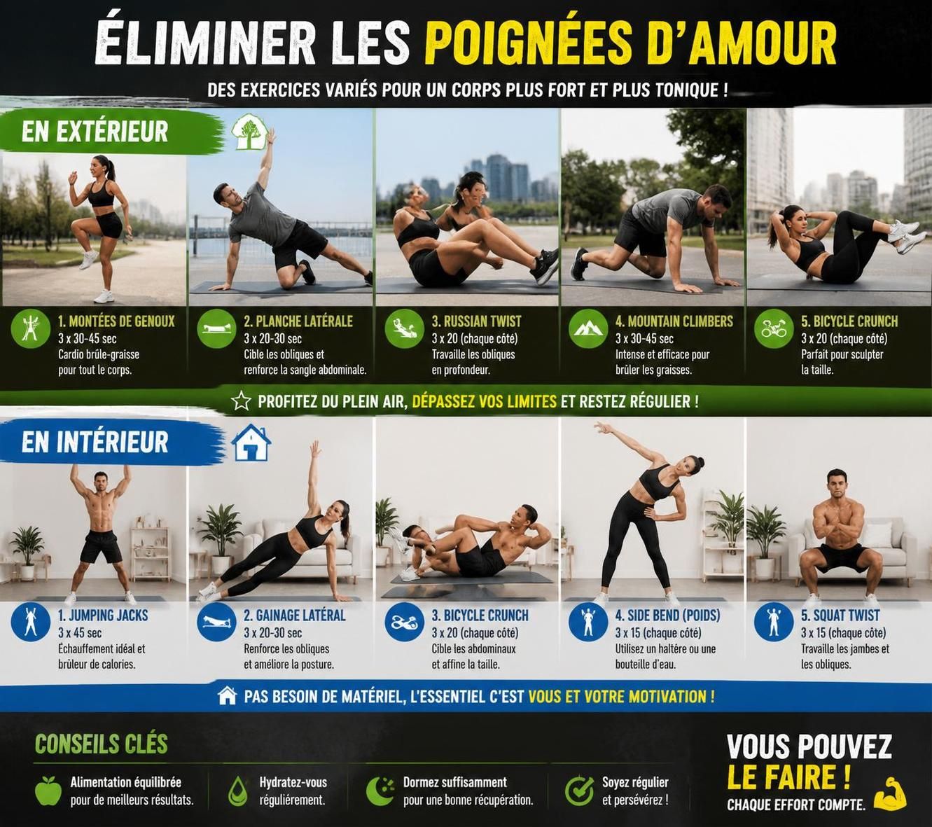 découvrez les exercices efficaces pour perdre la poignée d'amour en ciblant la graisse localisée et sculptez votre silhouette avec des mouvements précis et adaptés.